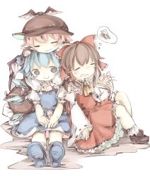 Rule 34 | 3girls, absurdres, animal, animal ears, ascot, bare shoulders, bird, bird ears, bird wings, blue bow, blue dress, blue eyes, blue footwear, blue hair, blush, blush stickers, bow, brown dress, brown footwear, brown hair, brown headwear, chigu, cirno, closed mouth, detached sleeves, detached wings, dress, closed eyes, fairy, frilled dress, frills, hair between eyes, hair bow, hair tubes, hakurei reimu, highres, holding, ice, ice wings, japanese clothes, long sleeves, multiple girls, mystia lorelei, nontraditional miko, ofuda, open mouth, pink hair, puffy short sleeves, puffy sleeves, red bow, red skirt, ribbon-trimmed sleeves, ribbon trim, shoes, short hair, short sleeves, sidelocks, simple background, skirt, smile, sparrow, thought bubble, touhou, white background, white sleeves, white wings, wide sleeves, winged hat, wings, yellow ascot