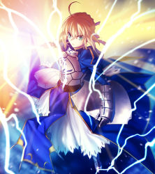 Rule 34 | 1girl, ahoge, armor, armored dress, artoria pendragon (all), artoria pendragon (fate), blonde hair, cropped, dress, excalibur (fate/stay night), fate/stay night, fate/zero, fate (series), glowing, glowing sword, glowing weapon, green eyes, saber (fate), solo, sword, takeuchi takashi, weapon
