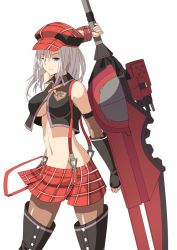 Rule 34 | &gt;:(, 10s, 1girl, alisa ilinichina amiella, black footwear, black pantyhose, black vest, blue eyes, boots, breasts, brown thighhighs, cowboy shot, elbow gloves, fingerless gloves, frown, gloves, god eater, groin, hat, holding, holding sword, holding weapon, huge weapon, large breasts, long hair, looking at viewer, midriff, miniskirt, navel, pantyhose, plaid, plaid headwear, plaid skirt, see-through, see-through legwear, shiseki hirame, silver hair, skirt, solo, suspender skirt, suspenders, suspenders slip, sword, thigh boots, thighhighs, underboob, v-shaped eyebrows, vest, weapon, white background