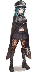 Rule 34 | 1girl, absurdres, black footwear, black hat, blue eyes, blue hair, boots, braid, breast hold, breasts, brown pantyhose, byleth (female) (fire emblem), byleth (fire emblem), cape, coat, cross-laced footwear, crossed arms, fire emblem, fire emblem: three houses, full body, hat, highres, knee boots, lace-up boots, looking at viewer, medal, medium breasts, medium hair, midriff, military, military hat, military uniform, miniskirt, navel, nintendo, pantyhose, pleated skirt, side braid, simple background, skirt, smile, solo, standing, tiamat (momokuri mannen), uniform, white background