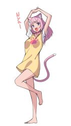 Rule 34 | 1girl, :d, animal ear fluff, animal ears, arms up, bare legs, barefoot, blouse, blue eyes, cat ears, cat girl, cat tail, commentary, fang, full body, long hair, looking at viewer, nyan, open mouth, original, paw print, pink hair, raglan sleeves, saiste, shirt, simple background, smile, solo, standing, standing on one leg, t-shirt, tail, white background, yellow shirt
