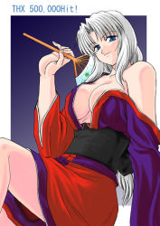 Rule 34 | &gt;:), 1girl, adapted costume, blue eyes, breasts, cleavage, female focus, hand fan, japanese clothes, kimono, kisaragi ryou (sougetsu-tei), large breasts, leg up, long hair, looking at viewer, milestone celebration, no bra, off shoulder, open clothes, open kimono, paper fan, parted bangs, silver hair, smile, solo, touhou, uchiwa, v-shaped eyebrows, wide sleeves, yagokoro eirin