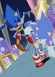 Rule 34 | 2boys, absurdres, banel springer, building, clenched teeth, furry, furry male, gloves, highres, huge filesize, male focus, metal sonic, multiple boys, racing, retro artstyle, robot, running, shoes, sneakers, sonic (series), sonic cd, sonic the hedgehog, sonic the hedgehog (classic), teeth, white gloves