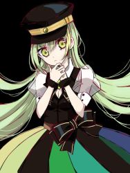 Rule 34 | 1girl, alina gray, black bow, black hat, black necktie, black vest, blunt ends, bow, brooch, chain, collar, cross tie, detached collar, fur cuffs, gem, green gemstone, green hair, hair between eyes, hat, jewelry, lapels, long hair, magia record: mahou shoujo madoka magica gaiden, magical girl, mahou shoujo madoka magica, multicolored clothes, multicolored hair, multicolored skirt, necktie, notched lapels, peaked cap, pleated skirt, puffy short sleeves, puffy sleeves, sawayaka bbb, see-through, see-through sleeves, short sleeves, sidelocks, skirt, sleeve cuffs, solo, straight hair, streaked hair, striped clothes, striped skirt, v-neck, vertical-striped clothes, vertical-striped skirt, very long hair, vest, waist bow, white collar, white sleeves