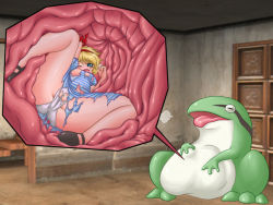 Rule 34 | 1girl, blonde hair, blush, camel (dansen), cross-section, digestion, dissolving clothes, female focus, fromage, indoors, inside creature, open mouth, panties, solo, stomach bulge, torn clothes, underwear, vore, wince, wink