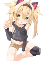 Rule 34 | 1girl, ahoge, animal ears, bandaid, bandaid on cheek, bandaid on face, bare shoulders, blonde hair, blush, breasts, cat ears, claw pose, commentary request, crop top, detached sleeves, fake animal ears, green eyes, highres, indian style, knee guards, kz oji, long hair, looking at viewer, navel, open mouth, original, panties, panty straps, short shorts, shorts, simple background, sitting, small breasts, smile, solo, twintails, underwear, white background, white panties