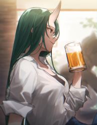 Rule 34 | 1girl, absurdres, alcohol, alternate costume, arknights, beer, beer mug, black shirt, blurry, blurry background, breasts, button gap, casual, collared shirt, commentary, cup, dress shirt, eyelashes, facial scar, from side, green eyes, green hair, grin, hair between eyes, highres, holding, holding cup, horns, hoshiguma (arknights), long hair, medium breasts, mug, partially unbuttoned, profile, ryat, scar, scar on cheek, scar on face, shirt, single horn, skin-covered horns, sleeves rolled up, smile, solo, straight hair, symbol-only commentary, undershirt, upper body, white shirt