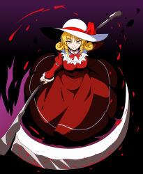 Rule 34 | 1girl, absurdres, aura, black background, blonde hair, bow, breasts, collared dress, curly hair, dress, drill hair, drill sidelocks, elly (touhou), frilled sleeves, frills, full body, gradient background, hat, hat bow, highres, holding, holding scythe, juliet sleeves, long sleeves, medium breasts, neck ribbon, puffy sleeves, purple background, red bow, red dress, red ribbon, ribbon, scythe, sidelocks, solo, ssaf52913778, sun hat, touhou, touhou (pc-98), yellow eyes