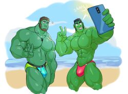 Rule 34 | 2boys, :p, abs, bara, beach, beard, blue male swimwear, briefs, bulge, cheschirebacon, couple, cropped legs, day, facial hair, full beard, highres, holding, holding phone, large pectorals, long sideburns, male focus, male swimwear, male underwear, mature male, multicolored male swimwear, multiple boys, muscular, muscular male, nipples, ocean, original, outdoors, pectorals, phone, red male swimwear, sand, selfie, short hair, sideburns, sideburns stubble, stomach, stubble, thick eyebrows, thick thighs, thighs, tongue, tongue out, topless male, underwear, v, v-taper, yaoi