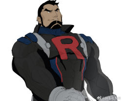 Rule 34 | 1boy, alternate facial hair, bara, beard, black bodysuit, black hair, bodysuit, cliff (pokemon), covered abs, creatures (company), facial hair, game freak, large pectorals, male focus, mature male, muscular, muscular male, nintendo, no headwear, pectorals, pokemon, pokemon go, rollingstonex6, short hair, simple background, skin tight, smirk, solo, team go rocket, thick eyebrows, unfinished, upper body, white background