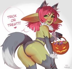 Rule 34 | 1girl, absurdres, animal ears, animal hands, artist name, ass, bow, bra, colored skin, elbow gloves, facing away, fake animal ears, female goblin, gloves, goblin, green eyes, green skin, grey bra, grey gloves, grey panties, grey thighhighs, halloween, halloween costume, highres, jack-o&#039;-lantern, looking at viewer, looking back, maewix (artist), medium hair, open mouth, original, panties, paw gloves, pink bow, pointy ears, simple background, solo, tail, thighhighs, trick or treat, underwear, white background, wolf ears, wolf tail