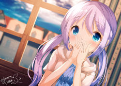 Rule 34 | 1girl, blue dress, blue eyes, blue sky, blurry, blurry background, blush, chinomaron, cloud, cloudy sky, commentary request, covering own mouth, day, depth of field, dress, dutch angle, fingernails, gochuumon wa usagi desu ka?, hair between eyes, hands up, hood, hood down, hooded jacket, indoors, jacket, kafuu chino, long hair, looking at viewer, low twintails, open clothes, open jacket, pom pom (clothes), purple hair, signature, sky, solo, twintails, very long hair, white jacket