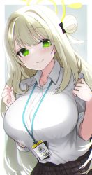 Rule 34 | 1girl, blonde hair, blue archive, blush, bow, breasts, commentary request, eyes visible through hair, green eyes, hair bow, hair ornament, halo, highres, huge breasts, id card, izuoku, large breasts, long hair, looking at viewer, nonomi (blue archive), shirt, sidelocks, sleeves rolled up, white background, white shirt