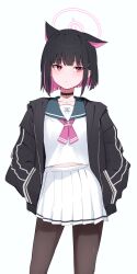 Rule 34 | 1girl, absurdres, animal ears, averting eyes, black choker, black hair, black jacket, black pantyhose, blue archive, blue sailor collar, blush, cat choker, cat ears, choker, collarbone, colored inner hair, exiadoon, feet out of frame, hands in pockets, highres, jacket, kazusa (blue archive), long sleeves, midriff peek, multicolored hair, navel, neckerchief, open clothes, open jacket, pantyhose, pink eyes, pink hair, pink neckerchief, pleated skirt, sailor collar, short hair, simple background, skirt, solo, trinity general school logo, white background, white skirt