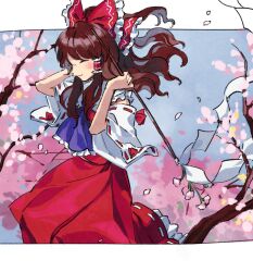 Rule 34 | 1girl, arms up, ascot, blue ascot, blush, bow, branch, brown hair, cherry blossoms, closed eyes, closed mouth, collared shirt, detached sleeves, frilled bow, frilled hair tubes, frilled shirt collar, frills, from side, gohei, hair bow, hair tubes, hakurei reimu, highres, holding, holding gohei, kaigen 1025, long hair, multiple hair bows, outside border, red bow, red shirt, red skirt, ribbon-trimmed skirt, ribbon-trimmed sleeves, ribbon trim, shirt, sidelocks, skirt, sky, sleeveless, sleeveless shirt, smile, solo, touhou, white sleeves