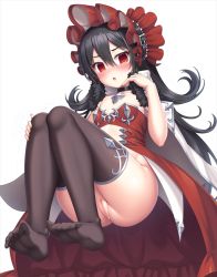 Rule 34 | 1girl, anus, anus peek, ass, black choker, black hair, black thighhighs, blush, bonnet, choker, cleft of venus, empty eyes, feet, flat chest, flipped hair, full body, fur trim, hair between eyes, hand on own knee, hand up, ilya (princess connect!), ilya (small) (princess connect!), lambda (kusowarota), long hair, looking at viewer, no shoes, nose blush, open mouth, princess connect!, pussy, red eyes, showgirl skirt, simple background, soles, solo, thighhighs, toes, triangle mouth, uncensored, white background