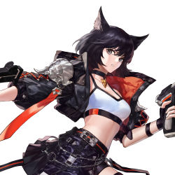 Rule 34 | 1girl, absurdres, animal ears, belt, black eyes, black gloves, black hair, black jacket, breasts, choker, eyelashes, gloves, highres, holding, holding weapon, jacket, original, short hair, shorts, small breasts, solo, thigh strap, weapon, youngmoon 99
