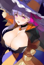 Rule 34 | 1girl, blush, breasts, claws, cleavage, collarbone, elizabeth bathory (fate), elizabeth bathory (halloween caster) (fate), fate/extra, fate/extra ccc, fate (series), hair ribbon, halloween costume, hat, huge breasts, kaidou j1, long hair, looking at viewer, open mouth, passionlip (fate), pink eyes, pumpkin choker, purple hair, ribbon, smile, solo, twitter username, very long hair, witch hat