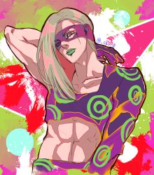 Rule 34 | 1boy, androgynous, bad id, bad pixiv id, blonde hair, gloves, green lips, jojo no kimyou na bouken, lipstick, long hair, makeup, male focus, mask, melone, n (ccc 7), solo