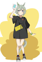 Rule 34 | alternate costume, animal ears, arm up, bag, black shirt, bracelet, character name, closed mouth, ear covers, fullbokko heroes, green bracelet, grey eyes, grey footwear, highres, holding, holding phone, horse ears, horse girl, horse tail, jewelry, light green hair, looking at viewer, multicolored hair, phone, seiun sky (umamusume), shirt, shoes, short hair, shoulder bag, simple background, single ear cover, small-wso6-bell, sneakers, tail, two-tone hair, umamusume, white background, yellow background, yellow bag