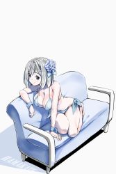 Rule 34 | 10s, 1girl, bikini, blue bikini, blue eyes, breasts, character name, cleavage, closed mouth, couch, hair ornament, hairclip, hamakaze (kancolle), highres, kantai collection, kneeling, large breasts, looking at viewer, on couch, short hair, side-tie bikini bottom, silver hair, simple background, smile, solo, swimsuit, thighs, tsukamori shuuji, white background, wrist cuffs