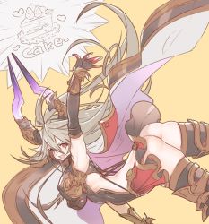 Rule 34 | 10s, 1girl, armor, armpits, ass, breasts, cake, cape, flat ass, food, gloves, granblue fantasy, grey hair, horns, huge breasts, koza game, red eyes, simple background, skirt, solo, thighhighs, threo (granblue fantasy), yellow background