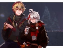 Rule 34 | 2boys, beanie, black jacket, black sweater, blonde hair, blue pants, blurry, blurry background, can, canned coffee, cup, depth of field, disposable cup, drink can, genshin impact, green eyes, grey hair, hair between eyes, hat, highres, holding, holding can, holding cup, jacket, kaedehara kazuha, long sleeves, male focus, merry christmas, multicolored hair, multiple boys, open clothes, open jacket, pants, parted lips, puffy long sleeves, puffy sleeves, red eyes, red hair, red headwear, sketch, smile, streaked hair, sweater, thoma (genshin impact), zxny