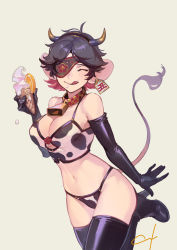 Rule 34 | 1girl, 2021, animal ears, animal print, bare shoulders, bell, black footwear, black gloves, blush, breasts, chinese zodiac, cleavage, closed mouth, cow horns, cow print, cow tail, cowbell, ear tag, elbow gloves, eyepatch, closed eyes, fake animal ears, fake horns, floral print, food, food on face, fruit, gloves, hairband, high heels, highres, holding, holding food, horns, ice cream, ice cream cone, lemon, lemon slice, licking lips, navel, nishiki areku, original, signature, simple background, smile, solo, tail, tongue, tongue out, year of the ox