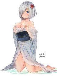 Rule 34 | 10s, 1girl, barefoot, blue eyes, blush, breasts, cleavage, female focus, flower, hair flower, hair ornament, hair over one eye, hairclip, hamakaze (kancolle), hatoneko, japanese clothes, kantai collection, kimono, kneeling, large breasts, off shoulder, short hair, silver hair, simple background, solo, twitter username, yukata
