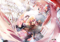 Rule 34 | 1girl, alternate costume, alternate hairstyle, daidou (demitasse), dutch angle, floral print, flower, from above, furisode, hair flower, hair ornament, hair up, highres, japanese clothes, kimono, looking at viewer, looking back, megurine luka, new year, omikuji, pink hair, ponytail, smile, solo, torii, vocaloid, watermark