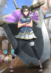 Rule 34 | 1girl, bandaged arm, bandaged leg, bandages, bandana, blonde hair, bracelet, breasts, broken, cape, capelet, clash kuro neko, closed mouth, cloud, cloudy sky, crossed arms, embers, green eyes, hair between eyes, highres, huge weapon, jewelry, original, outdoors, pirate, pirate ship, pixiv fantasia, pixiv fantasia age of starlight, purple cape, scar, scar on face, scarf, scratches, ship, shirt, short hair, skirt, sky, smile, smoke, solo focus, sparkle, sparkling eyes, standing, striped clothes, striped shirt, sword, watercraft, weapon, weapon on back, white skirt