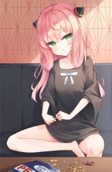 Rule 34 | 1girl, aged up, anya (spy x family), artist request, barefoot, blush, eating, feet, female focus, food, green eyes, highres, long hair, looking at viewer, peanut, pink hair, sitting, solo, spy x family