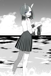 Rule 34 | 1girl, absurdres, aoki ruri, blue eyes, blush, cloud, cloudy sky, collared shirt, dragon girl, dragon horns, fangs, feet out of frame, gauze, greyscale, highres, horns, loafers, long legs, long sleeves, looking at viewer, looking back, medium hair, medium skirt, monochrome, multicolored eyes, ocean, open mouth, outdoors, parted bangs, pink eyes, pleated skirt, ronbun, ruri dragon, shirt, shoes, unworn shoes, skirt, sky, sleeves rolled up, slit pupils, solo, splashing, spot color, wading, water