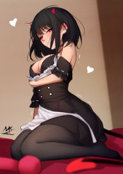 Rule 34 | 1girl, absurdres, alternate costume, apron, arm under breasts, artist logo, artist name, bare shoulders, black-haired demon girl (shimmer), black dress, black hair, black pantyhose, blurry, blurry background, breasts, buttons, cleavage, double-breasted, dress, enmaided, heart, heart-shaped pupils, highres, horns, maid, medium breasts, medium hair, original, pantyhose, red eyes, seiza, sex toy, shimmer, sitting, solo, symbol-shaped pupils, trembling, white apron