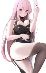 Rule 34 | 1girl, absurdres, argule0901, ass, bare shoulders, blush, breasts, cleavage, death (entity), dress, grim reaper, highres, hololive, hololive english, huge ass, large breasts, legs, long hair, looking at viewer, mori calliope, pink hair, red eyes, simple background, solo, thighhighs, virtual youtuber