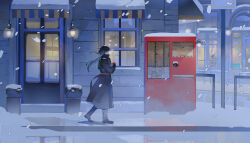 Rule 34 | 1boy, absurdres, black coat, black footwear, black hair, black pants, building, chinese commentary, city lights, coat, commentary request, door, gloves, highres, leonard mitchell, lord of the mysteries, machine, medium hair, night, outdoors, pants, ponytail, red gloves, reflective floor, snow, snowing, solo, stone wall, walking, wall, wall lamp, window, yn365tianmoyu