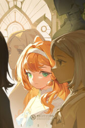 Rule 34 | 4girls, absurdres, aged down, armor, beishang yutou, bow, bowtie, braid, closed mouth, commentary request, dress, green eyes, hair intakes, hair ornament, hairband, highres, indoors, long hair, looking ahead, looking at viewer, multiple girls, orange hair, portrait, profile, reverse:1999, sidelighting, single braid, solo focus, sonetto (reverse:1999), upper body, white dress, white hairband, window