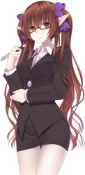 Rule 34 | 1girl, alternate costume, bespectacled, black-framed eyewear, breasts, brown eyes, brown hair, business suit, buttons, collared shirt, cowboy shot, crote, formal, glasses, hair ribbon, highres, himekaidou hatate, long hair, medium breasts, miniskirt, pale skin, pantyhose, pen, pencil skirt, pointy ears, purple ribbon, ribbon, semi-rimless eyewear, shirt, skirt, skirt suit, solo, suit, tachi-e, touhou, transparent background, twintails, under-rim eyewear, very long hair, white pantyhose, white shirt, wing collar