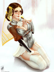 Rule 34 | 1girl, armor, breastplate, breasts, brown hair, cleavage cutout, cleft of venus, clothing cutout, destiny (game), garter straps, green eyes, hand on own chest, hand on own thigh, highres, kneeling, knees together feet apart, legs together, no panties, personification, pussy, signature, simple background, smile, solo, source request, the last word (destiny), themaestronoob, thighhighs, thighs, veil