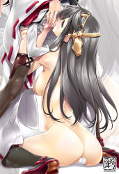Rule 34 | 10s, 2girls, anus, ass, bad id, bad pixiv id, black hair, breasts, brown eyes, clothed female nude female, cunnilingus, detached sleeves, femdom, hairband, haruna (kancolle), japanese clothes, kantai collection, kongou (kancolle), large breasts, long hair, maebari, multiple girls, no panties, nude, oral, soyosoyo, thighhighs, yuri