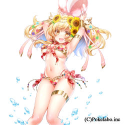 Rule 34 | 1girl, :d, armlet, armpits, arms up, bad id, bad tumblr id, ball, beachball, bikini, blonde hair, blush, bracer, breasts, cleavage, female focus, floral print, flower, hair flower, hair ornament, hizuki akira, large breasts, looking at viewer, navel, open mouth, print bikini, simple background, smile, solo, sunflower, swimsuit, thigh strap, twintails, underboob, water, white background, yellow eyes