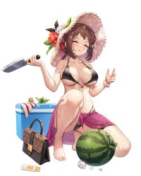 Rule 34 | 1girl, absurdres, bag, bare shoulders, bikini, black bikini, blush, bracelet, breasts, brown hair, closed eyes, food, fruit, full body, game cg, guardian tales, hat, highres, holding, holding knife, innkeeper loraine, jewelry, knife, medium breasts, medium hair, official alternate costume, official art, on one knee, open mouth, see-through, straw hat, swimsuit, transparent background, watermelon, wet, wet clothes