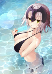 Rule 34 | 1girl, ahoge, ayumu (ayumu3659), bikini, black bikini, blush, breasts, fate/grand order, fate (series), food, from above, headpiece, highres, jeanne d&#039;arc (fate), jeanne d&#039;arc alter (avenger) (fate), jeanne d&#039;arc alter (fate), large breasts, long hair, looking at viewer, partially submerged, popsicle, short hair, side-tie bikini bottom, silver hair, smile, solo, swimsuit, water, yellow eyes