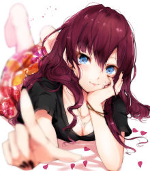 Rule 34 | 1girl, :3, absurdres, barefoot, black shirt, blue eyes, blurry, blush, breasts, cleavage, closed mouth, depth of field, earrings, floral print, head rest, highres, ichinose shiki, idolmaster, idolmaster cinderella girls, jewelry, lips, long hair, looking at viewer, lying, medium breasts, nail polish, necklace, on stomach, outstretched arm, petals, pointing, pointing at viewer, print skirt, red hair, ryuu., shirt, short sleeves, skirt, solo