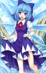 Rule 34 | 1girl, bad id, bad pixiv id, blue dress, blue eyes, blue hair, blue sky, blush, bow, cirno, cloud, day, dress, hair bow, highres, ice, ice wings, kitou kaitai, looking at viewer, matching hair/eyes, open mouth, puffy short sleeves, puffy sleeves, shirt, short sleeves, sky, smile, solo, touhou, wings