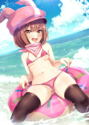 Rule 34 | 1girl, :d, bandana, bikini, blue sky, breasts, brown eyes, brown hair, brown thighhighs, cloud, commentary request, day, dutch angle, facing viewer, female focus, gluteal fold, hat, innertube, lens flare, llenn (sao), looking at viewer, medium breasts, nakatokung, navel, open mouth, outdoors, pink bikini, pink hat, side-tie bikini bottom, sitting, skindentation, sky, smile, solo, spread legs, string bikini, swim ring, swimsuit, sword art online, sword art online alternative: gun gale online, teeth, thick thighs, thighhighs, thighs, tsurime, untied bikini, water, waves, wet, wide hips