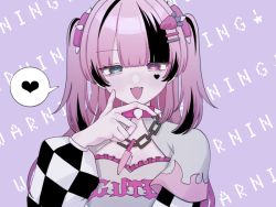 Rule 34 | 1girl, black hair, blue eyes, chain, chain necklace, choker, fang, food, food-themed hair ornament, fruit, hair ornament, hairclip, heart, heterochromia, indie virtual youtuber, jewelry, kiki (vtuber), knife, markings, multicolored hair, necklace, owr510, pink hair, purple eyes, strawberry, strawberry hair ornament, virtual youtuber