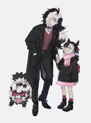 Rule 34 | 1boy, 1girl, :o, aged down, backpack, bag, black coat, black footwear, black hair, black jacket, black pants, brother and sister, buttons, coat, commentary request, creatures (company), dress, galarian form, galarian zigzagoon, game freak, gen 8 pokemon, green eyes, highres, holding hands, hood, hooded jacket, jacket, looking at another, marnie (pokemon), multicolored hair, nintendo, open clothes, open coat, pants, piers (pokemon), pink dress, pink scarf, pokemon, pokemon (creature), pokemon swsh, red shirt, sasano (fuyutomori), scarf, shirt, shoes, siblings, socks, two-tone hair, white background, white hair