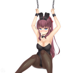 Rule 34 | 1girl, absurdres, animal ears, arms up, black bow, black bowtie, black leotard, black pantyhose, blue eyes, blunt bangs, bow, bowtie, breasts, brown hair, chain, commentary request, cowboy shot, cuffs, detached collar, fake animal ears, fishnet pantyhose, fishnets, highres, large breasts, leotard, long hair, looking at viewer, new game!, pantyhose, playboy bunny, ponytail, rabbit ears, rabbit girl, restrained, sainohikari, shackles, sidelocks, simple background, sitting, solo, strapless, strapless leotard, takimoto hifumi, white background