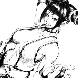 Rule 34 | 1girl, :p, breasts, capcom, choker, covered erect nipples, fingernails, gloves, greyscale, hair horns, han juri, hand on own neck, large breasts, looking at viewer, monochrome, navel, no bra, partially fingerless gloves, reaching, reaching towards viewer, shu-mai, simple background, smile, solo, street fighter, street fighter 6, tongue, tongue out, vest, white background
